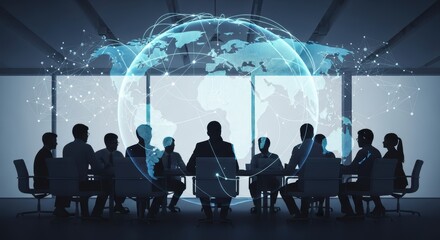 Silhouette of people in a meeting room with a digital globe overlaying the background window view
