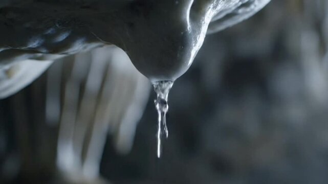 Macro Shot of Stalactites Dripping Water with Soft Glowing Cave Light