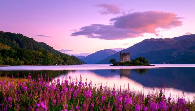 Misty lake and castle at sunset - Powered by Adobe