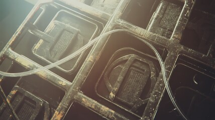 Abstract Futuristic Metallic Grid Structure with Wires and Lens Flare image photo