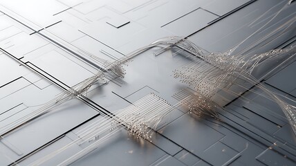 Abstract futuristic technology with fine wires and metallic grid surface cables