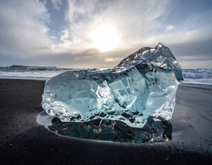 Ice chunk glistens on black sand beach under cloudy sky