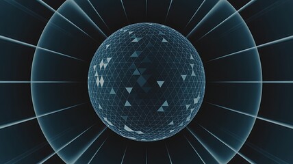 Abstract Geometric Sphere with Radial Light Rays on Dark Background digital technology