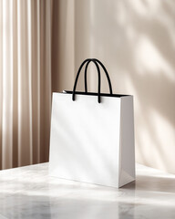 Mockup white shopping bag with black rope handles standing on a marble surface, softly lit with natural light and elegant shadows
