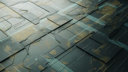 Abstract Geometric Surface with Metallic Textures and Blue Lines techn stock