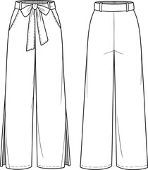 Front and back flat sketch of wide leg high waist pants with tie belt, fashion technical cad vector for garment design