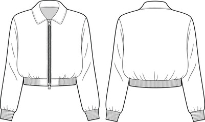 Front and back flat sketch of women's cropped bomber jacket with zipper, ribbed hem and cuffs, technical fashion cad drawing
