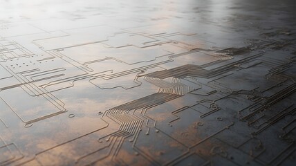 Abstract Metallic Surface with Embossed Circuit Board Patterns and Reflective Light technology digital