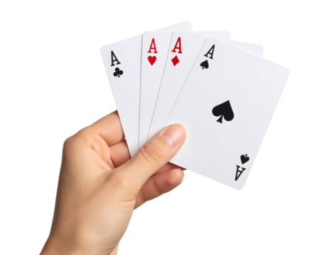 Holding four aces, a winning hand of poker cards, symbolizing luck and success in a game of chance