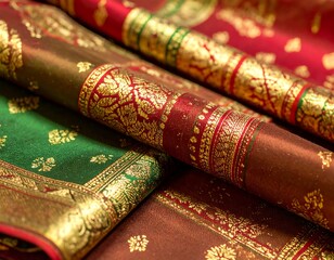 Intricate textile patterns in deep reds and greens