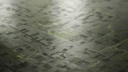 Abstract textured surface with embedded square components and glowing yellow accents image photo