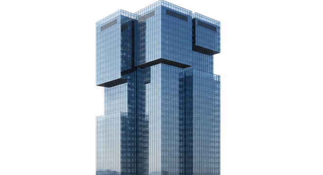 Modern Glass Skyscraper with Geometric Design and Reflective Facade architecture building cutout PNG isolated on a transparent background