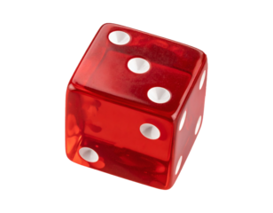 Vibrant red translucent die with white pips, ready for your next game night or casino concept