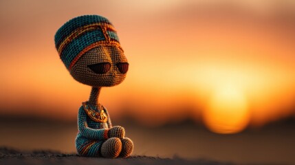 A colorful, handcrafted figure sits in a serene sunset, exuding a calm and playful vibe, with a unique artistic charm.