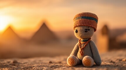 A handcrafted doll sits in front of pyramids at sunset, showcasing intricate crochet details and a vibrant hat.