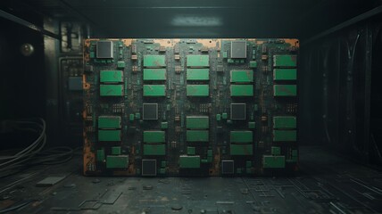 Array of Green and Black Electronic Modules in Dark Industrial Setting electronics technology