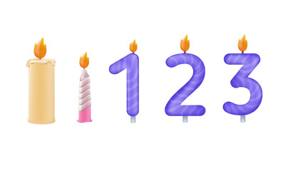 Candle 3D vector icon set. Candles flaming 3D icons. The birthday candles in the form of numbers 1, 2 and 3 icon