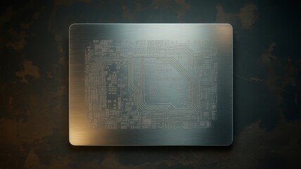 Brushed metal plaque with an etched circuit board pattern on a textured background silver steel