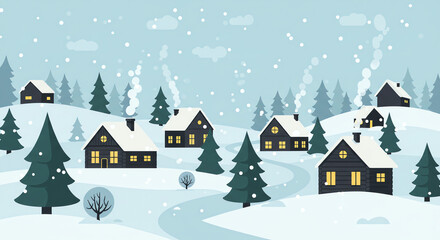 Fototapeta premium Snowy village landscape with trees and houses