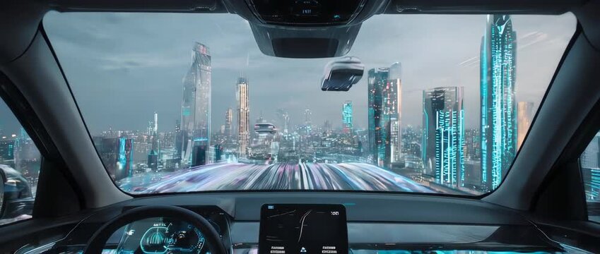 POV Driving on a Futuristic Skyway in an Autonomous Car. This video represents the future of transportation, autonomous vehicles, smart cities, and advanced technology.