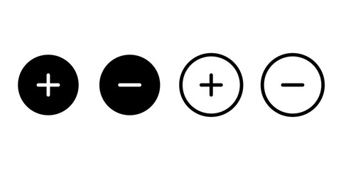 Plus and minus icons, Circle buttons, Add and remove symbols, Interface controls, Web UI design, Vector illustration.