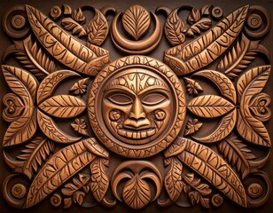Intricate wood carving with a sun-like mask