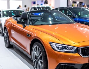 Orange convertible at an auto show
