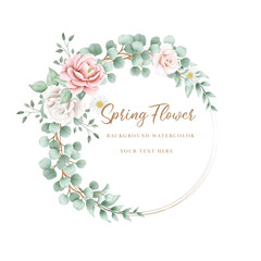 Watercolor flowers rose wreath with golden circle