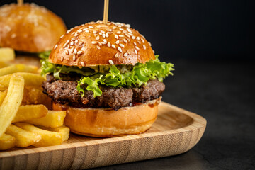Closeup of juicy burger with fries