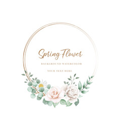 Watercolor flowers rose wreath with golden circle