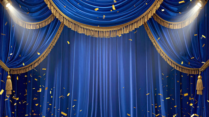 Gritty luxurious Deep blue velvet presentation stage curtain with falling confetti under spotlight symbolizing celebration, victory, and transformation