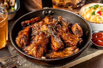 Smoky pork ribs with sauce and garnish