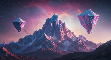 Surreal mountain landscape with floating geometric structures