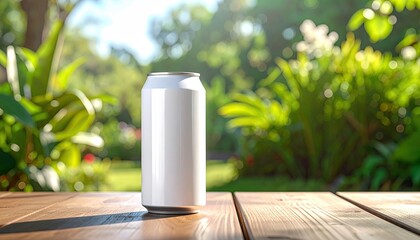 Obraz premium White can sits on wood, sunny garden backdrop