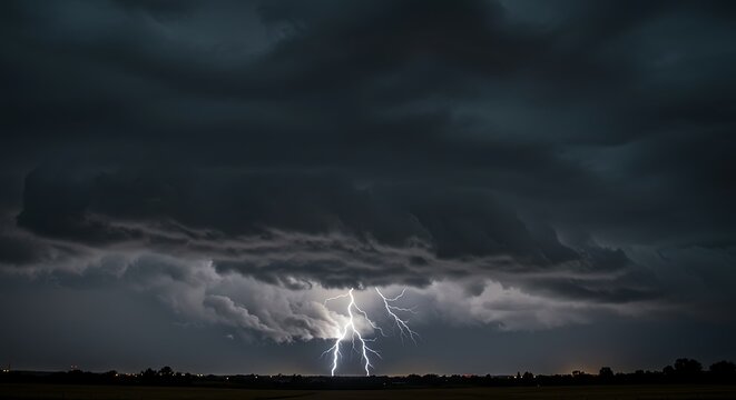 Dramatic lightning strikes across a dark cloudy sky at night