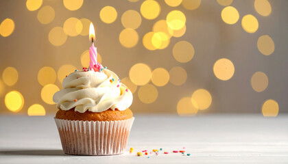 Birthday cupcake with lit candle and colorful sprinkles on white wooden table with warm bokeh lights background, festive and cheerful celebration dessert
