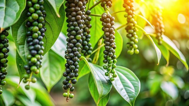 Fresh black pepper fruits hanging from a tree in a lush garden, with green leaves and stems, fruit