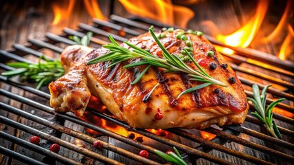 Sizzling chicken thigh on the grill with a side of fresh herbs , food on grill, juicy meat