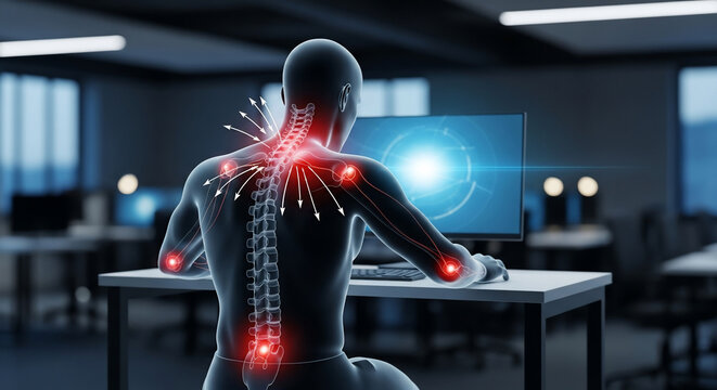 Human showing back and neck pain while using computer