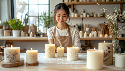 Young woman making decorative candles, candle making workshop, cozy home studio with natural light, creative hobby, relaxing atmosphere, handmade wax candles burning softly