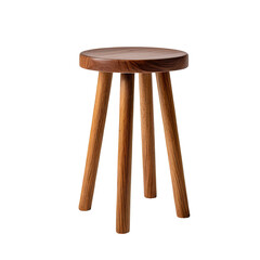 Wooden three-legged stool in a natural wood finish on a dark background