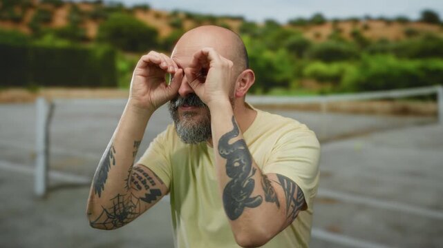 Bald man with beard on tennis court outdoors making binoculars gesture with hands wearing yellow shirt and tattoos visible in background of lush greenery