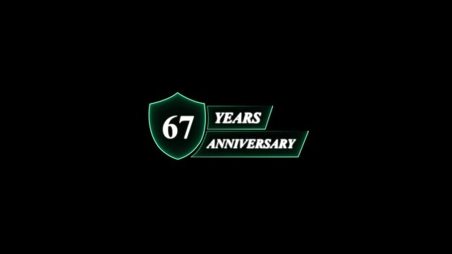 67 Years Anniversary Shield Logo with Neon Glow 67th anniversary . Glowing neon  Anniversary animation and black background.
