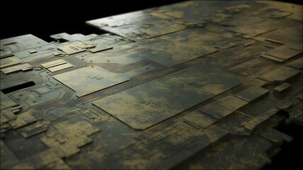 Naklejka premium Close-up of a textured metallic surface with intricate circuit board patterns and weathered details technology