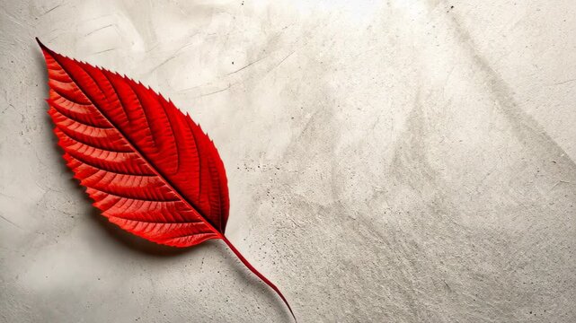 Scarlet Leaf's Embrace: A single, vibrant red leaf lies gently on a textured surface, casting a captivating shadow. This image, a poetic representation of nature's artistry.