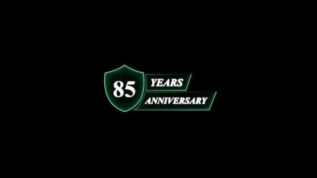 85 Years Anniversary Shield Emblem Neon Glow eighty five . Glowing neon  Anniversary animation and black background.