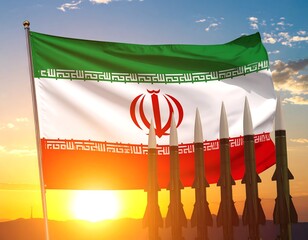 Iranian flag with missiles at sunrise
