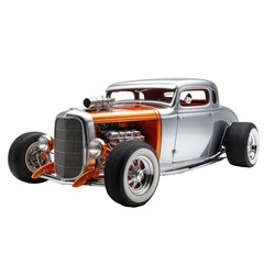 Classic hot rod with chrome & orange detailing, low profile tires