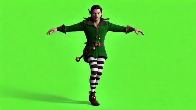 Elf character in green suit and striped leggings dances on a green screen background in a 3d render christmas elves green screen video