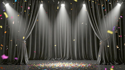 Gritty luxurious Black velvet presentation stage curtain with falling confetti under spotlight symbolizing celebration, victory, and transformation